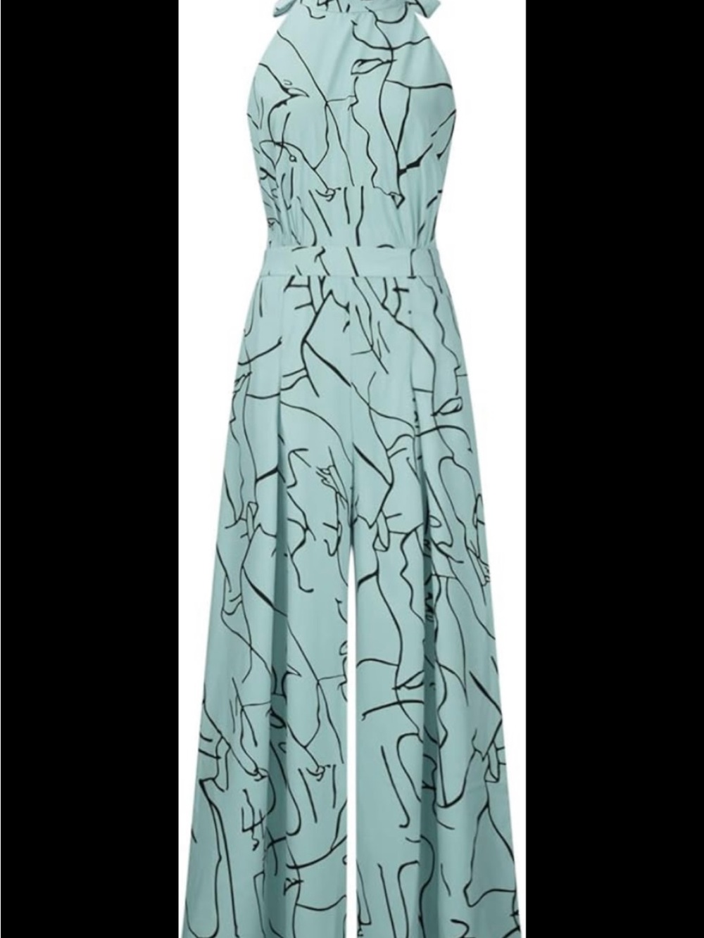 Aqua Halter Jumpsuit Womens Small Wide Leg Abstract Black Line Print NWOT